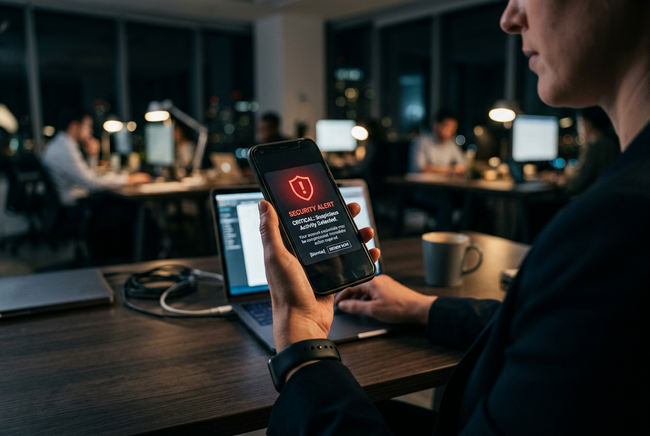 A conceptual image of a digital security alert on a mobile device.
