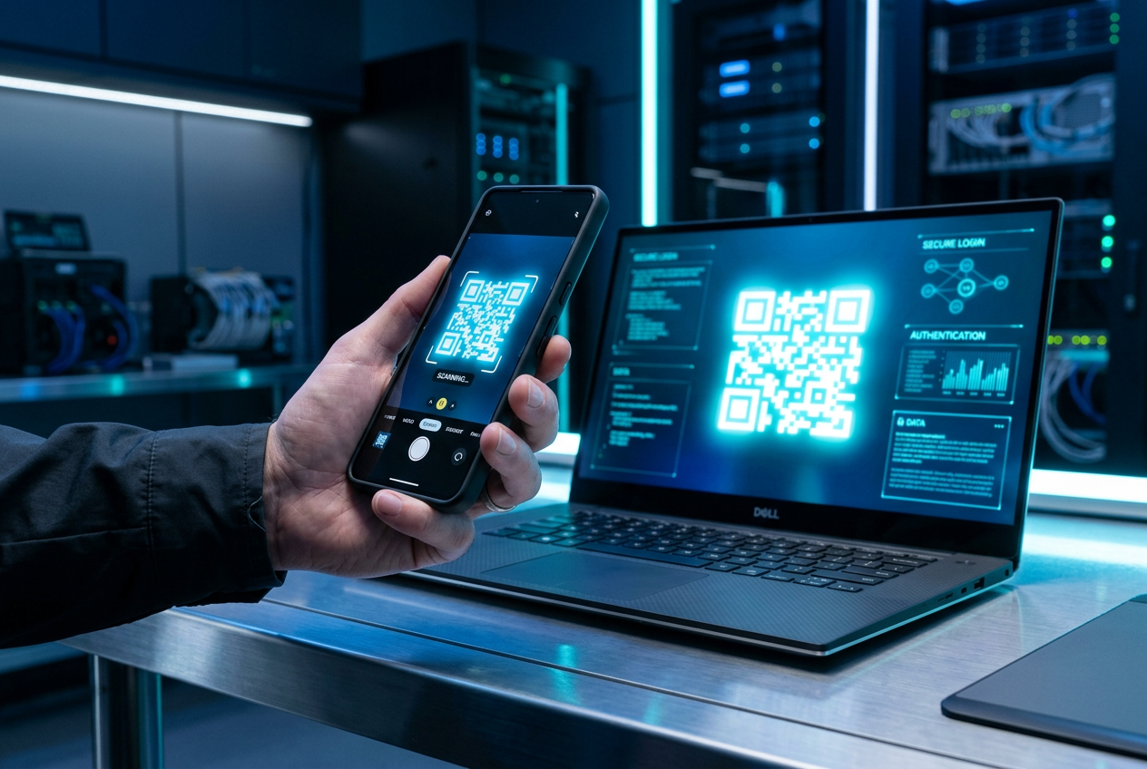 Osoba skanująca kod QR na laptopie za pomocą nowoczesnego smartfona w celu konfiguracji zabezpieczeń 2FA