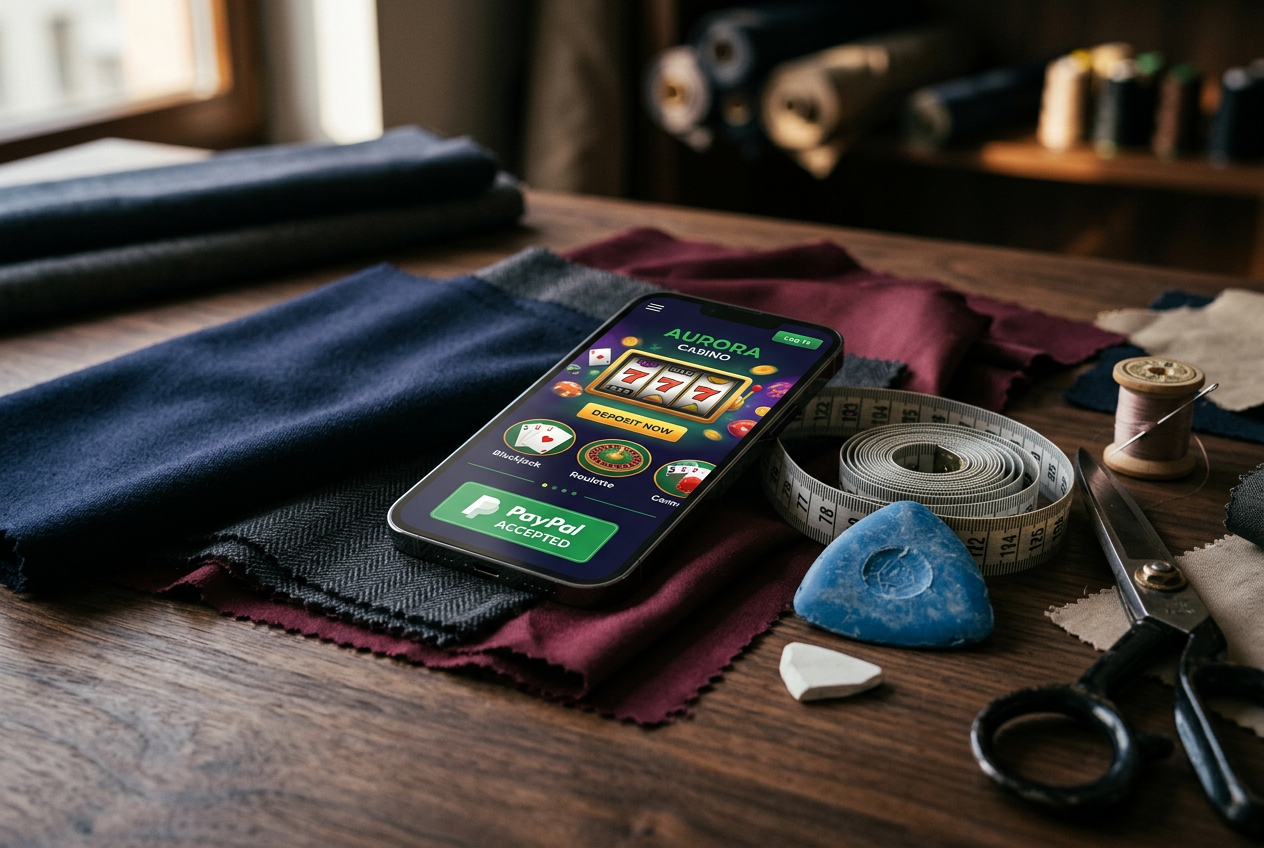 Smartfon z aplikacją kasyna na eleganckim stole warsztatowym krawca.