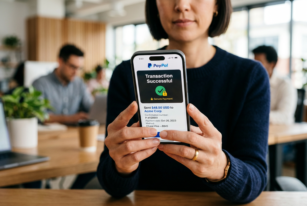 Widok z bliska na bezpieczną płatność PayPal na telefonie.