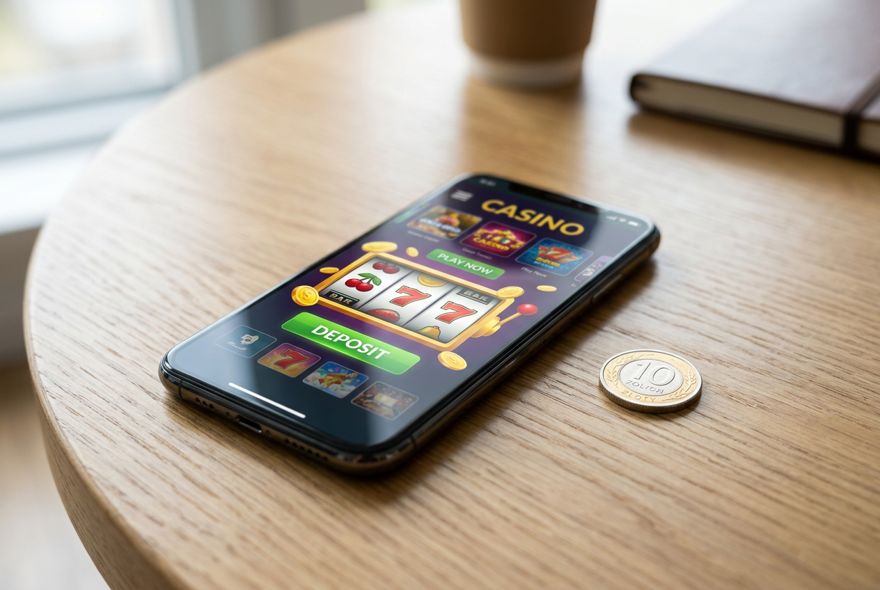 A smartphone showing a casino interface next to a 10 Polish Zloty coin.