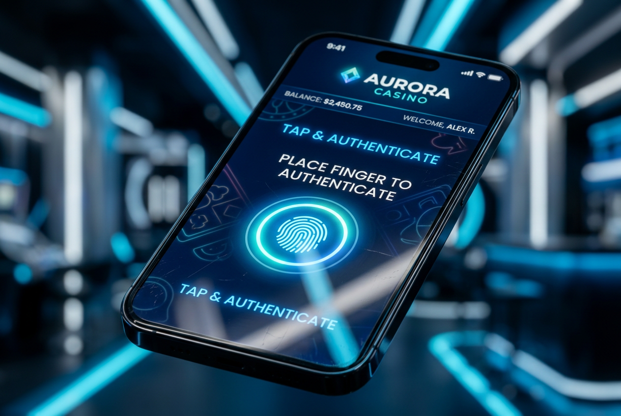 A modern smartphone screen showing a casino app with a fingerprint scanning icon.