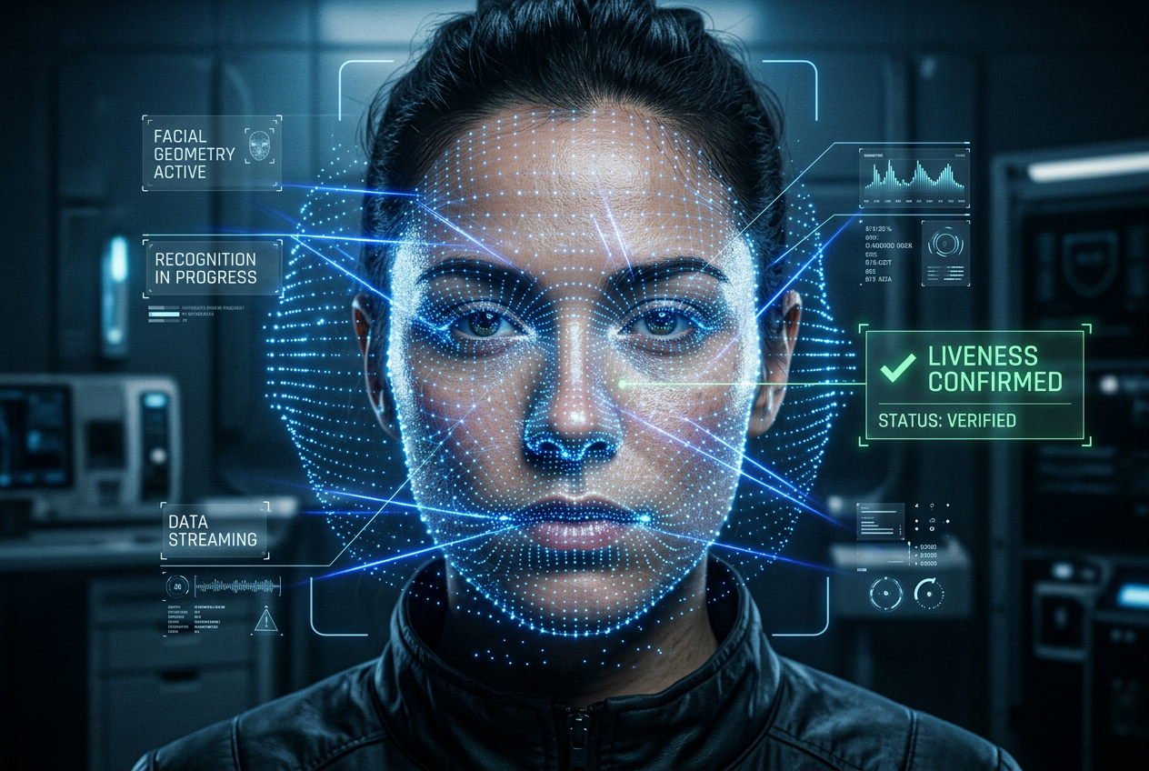 Digital 3D facial recognition scan with security data overlays.