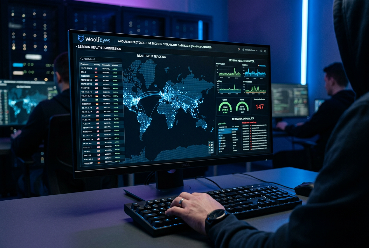 A cybersecurity expert analyzing server logs and session data on high-resolution monitors.
