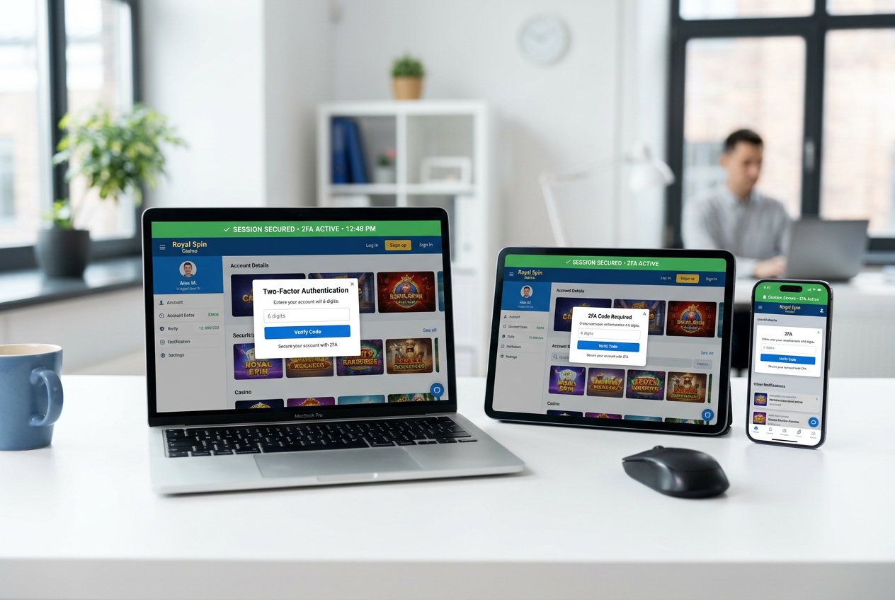 A high-tech workspace showing a laptop, tablet, and smartphone synchronized with secure casino interfaces.