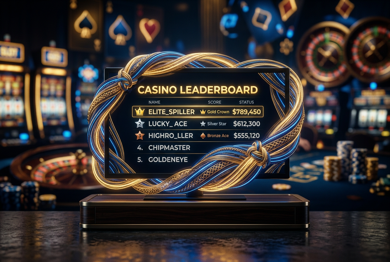 A professional digital display of casino rankings surrounded by glowing golden threads.